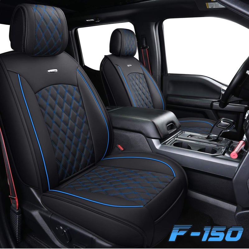 Aierxuan Front Car Seat Covers Custom Fit 2009-2026 Ford F150, 2017-2026 F250 F350 F450 Super Duty Crew Cab Regular Cab Super Cab, Automotive Vehicle Cushion with Waterproof Leather (Black and Blue) - Image 2